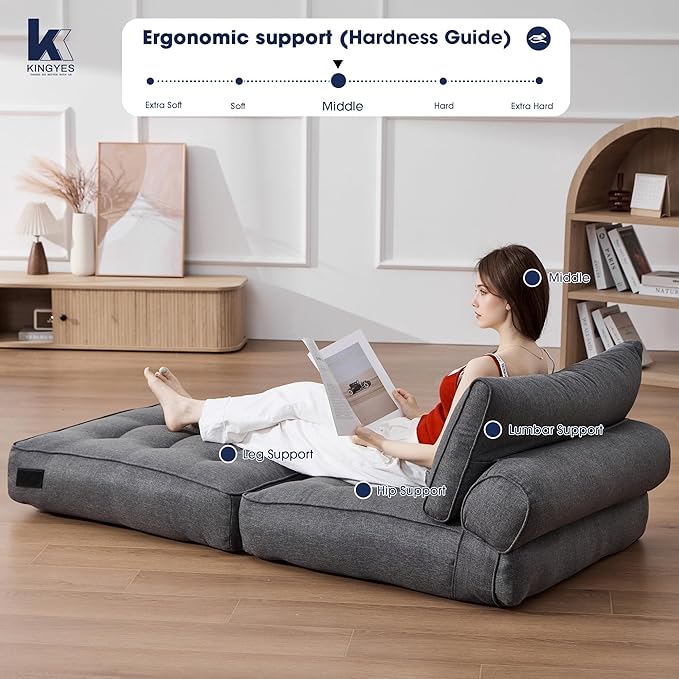 KINGYES Folding Chair Bed, 3 in 1 Convertible Sleeper Chair with Pillow, Foldable Futon Chair for Living Room, Gray