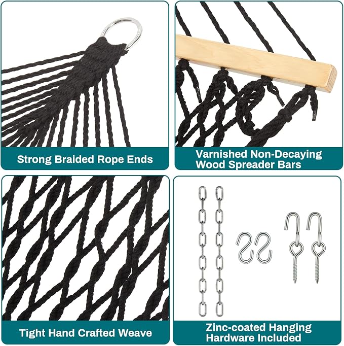 JoyView Traditional Rope Double Hammock - Hand Woven Cotton Hammock with Hardwood Spreader Bar and Pillow 450lb Capacity for Outdoor Indoor Patio Yard - Black - Image 5