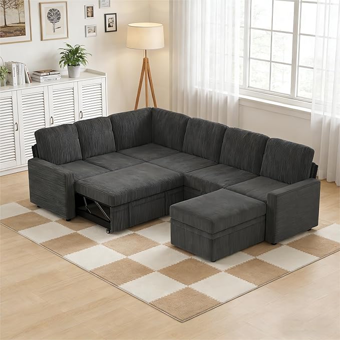 7-Seater Large Sectional Couch with Pull Out Bed, L Shaped Corduroy Sofa with Storage, Convertible Modular Sofa, for Living Room, Apartment, Gray