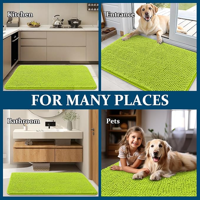 OLANLY Dog Door Mat for Muddy Paws 36x24, Absorbs Moisture and Dirt, Absorbent Non-Slip Washable Doormat, Quick Dry Chenille Mud Mat, Entry Indoor Entryway Carpet for Inside Floor, Bright Green - Image 8