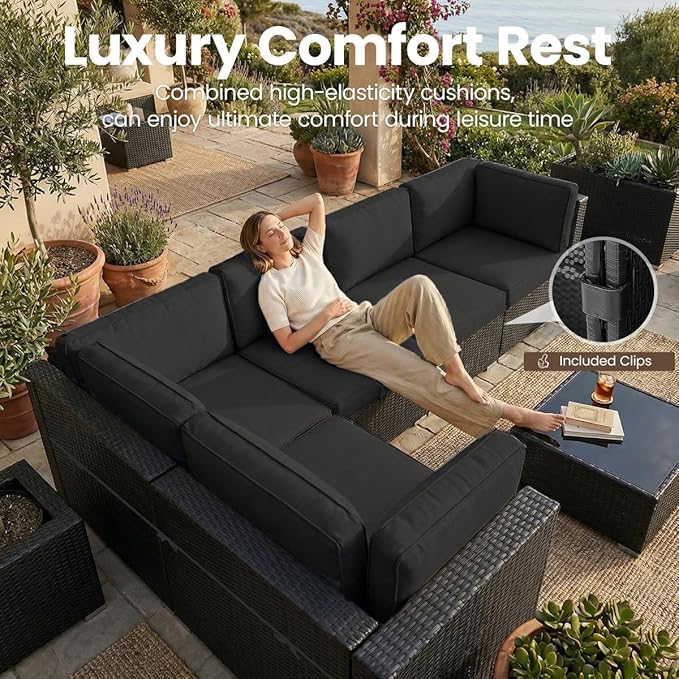 6 Pieces Patio Furniture Set with 44" Propane Gas Fire Pit Table, Outdoor Sectional Wicker Conversation Sofa Sets with Coffee Table