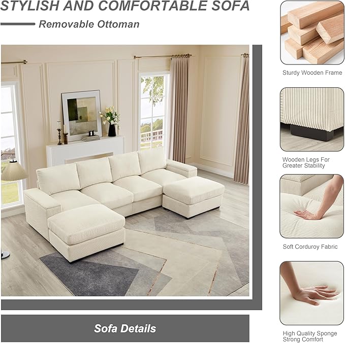 122" Oversized Modular Sectional Sofa Cloud Couch with 2 Ottomans, Comfy Corduroy Upholstered Deep Seat Large U Shaped Lounge Sofa&Couches with Hidden Arm Storage Box