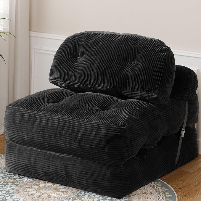 Folding Sofa Bed, Convertible Sleeper Chair with Back Support and Pillow Futon,Boneless Foldable Couch for Living Room/Guest Use/Home Office, Foldable Chair Bed for Adults, Black