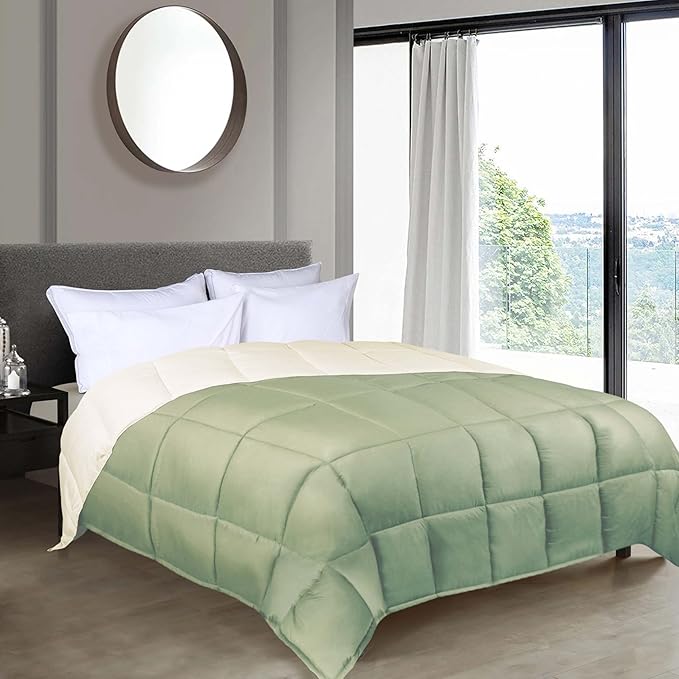 Superior Brushed Microfiber Comforter, Down Alternative Bedding, Medium Weight, Soft Bed Cover, Plush Duvet Insert, Oversized Blanket, Box Quilt, Reversible Comforter, Twin, Ivory-Sage