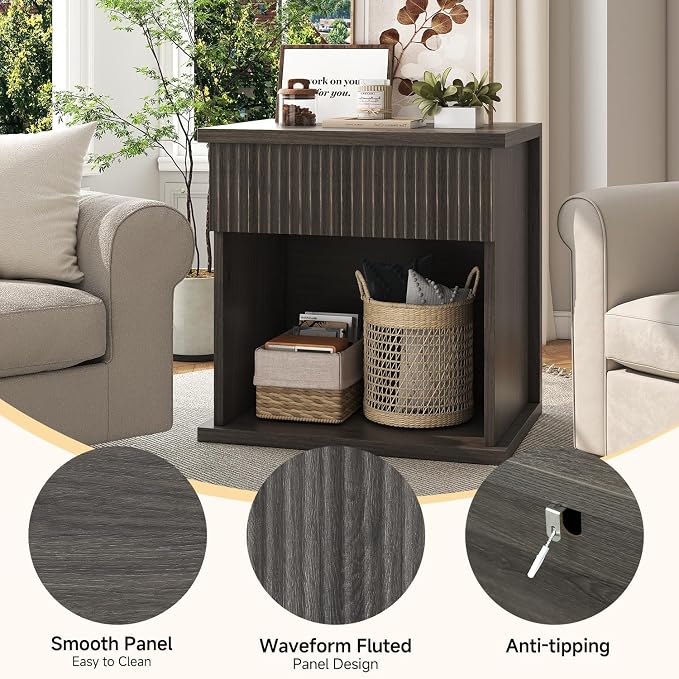 UNIQUITE Fluted Nightstand Set of 2, 22.8" Wide Nightstands with Drawer Storage Large Wood BedsideTable Night Stands for Bedroom, Grey Oak - Image 6