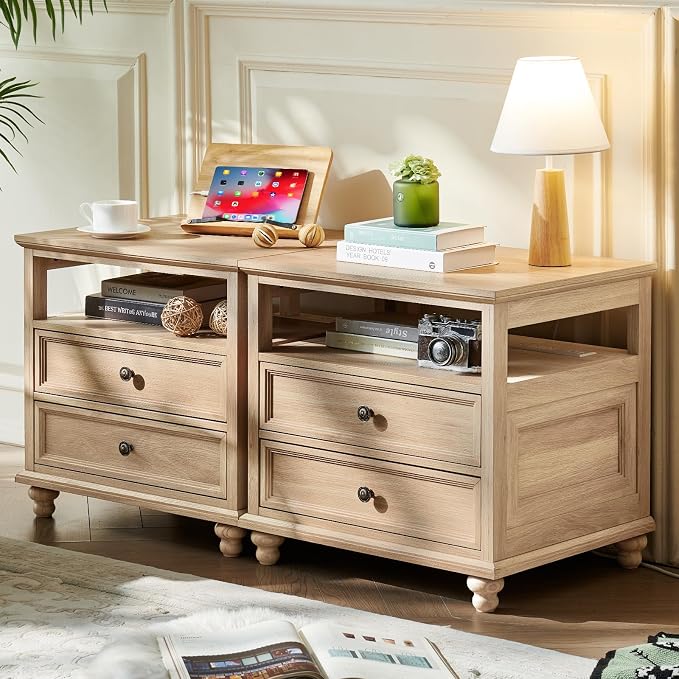 Joaxswe Farmhouse Nightstand Set of 2 with Charging Station, 24" Wide End Table with 2 Drawers,Natural Dresser for Bedroom,Bed Side Table Chest of Drawers Cabinet, Night Stand for Living Room by Joaxswe