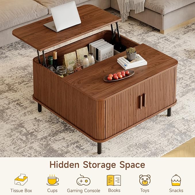 ONBRILL Lift Top Coffee Table with Large Hidden Compartment, Wood Square Coffee Table with Adjustable Footpads, Mid-Century Modern Lift Tabletop Dining Table for Living Room, Home Office, Walnut