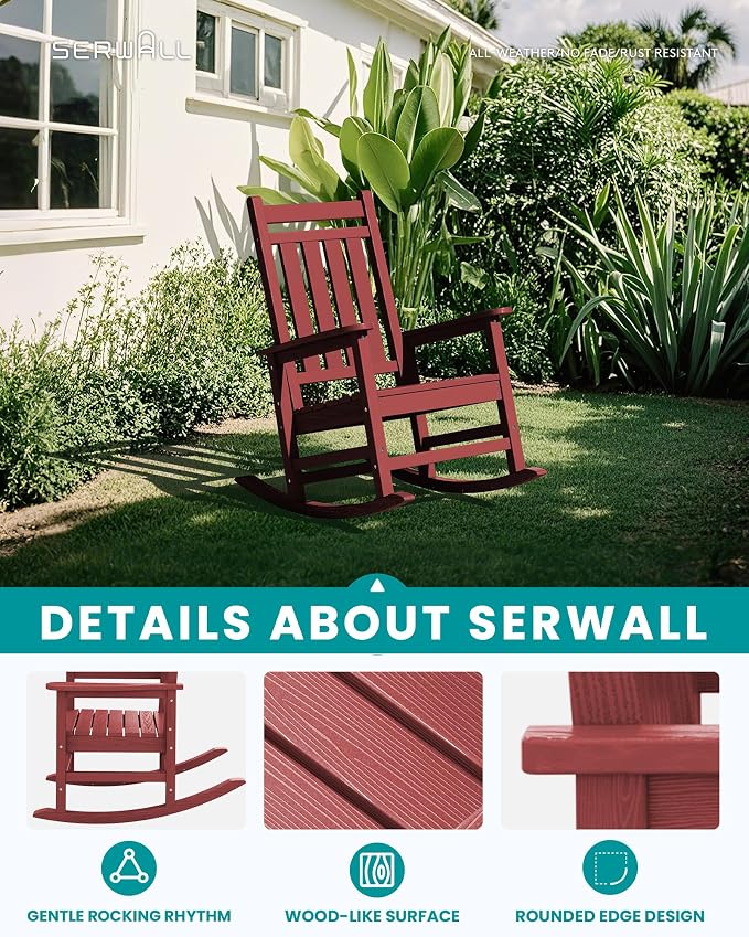 SEWALL HDPE Rocking Chair, Oversized Outdoor Rocking Chair for Adults, Patio Rocker for Porch, Crimson Red - Image 5