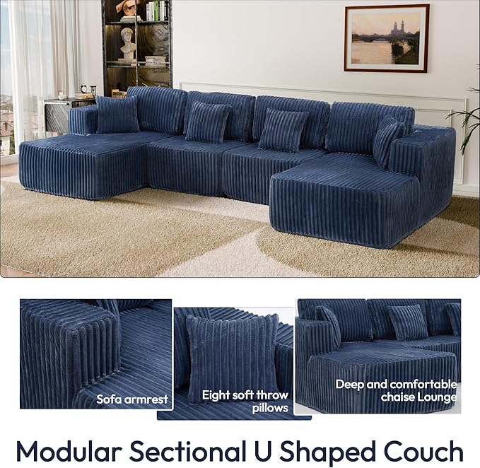 132" U Shaped Couch, Modular Sectional Sofa with Chaise, Corduroy U Shaped Boneless Couch with Deep Seat, Upholstered Modular Cloud Sofa for Living Room, No Assembly Required, Blue