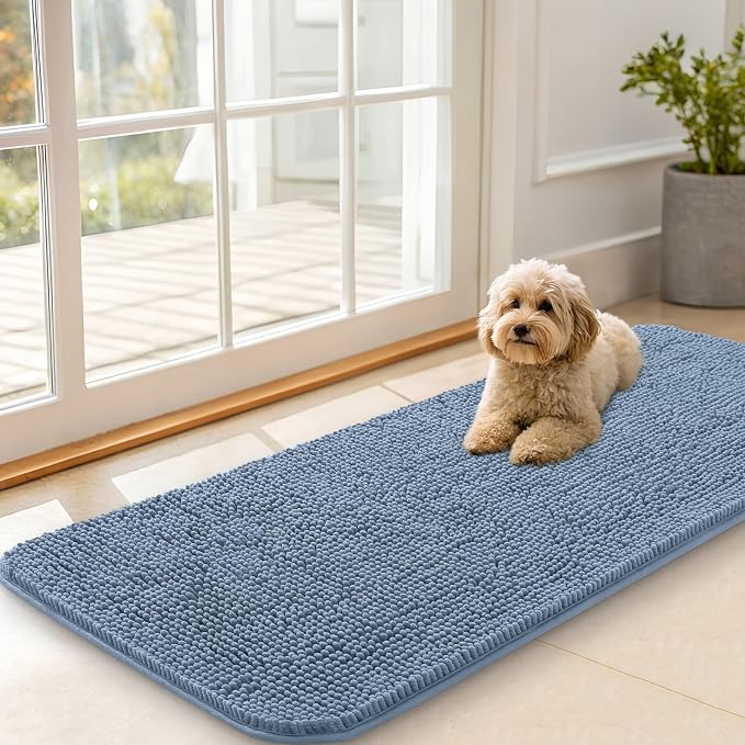 OLANLY Dog Door Mat for Muddy Paws 47x20, Absorbs Moisture and Dirt, Absorbent Non-Slip Washable Doormat, Quick Dry Chenille Mud Mat for Dogs, Entry Indoor Entryway Carpet for Inside Floor, Airy Blue by OLANLY