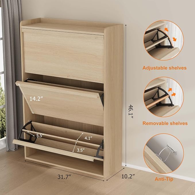 GarveeHome Shoe Cabinet with 3 Flip Drawers, Wooden Shoe Organizer Cabinet with Adjustable Shelf, Shoe Storage for Entryway, Hidden Shoe Cabinet for Hallway, Living Room, Natural Oak - Image 2