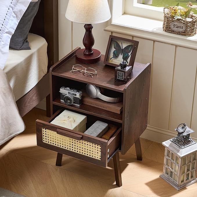 Lerliuo Rattan Nightstand, Bedside Table with Drawer Open Shelf, Cane Accent Side End Table with Solid Wood Legs, Walnut Vintage Night Stand for Bedroom, Dorm and Small Spaces - Image 7