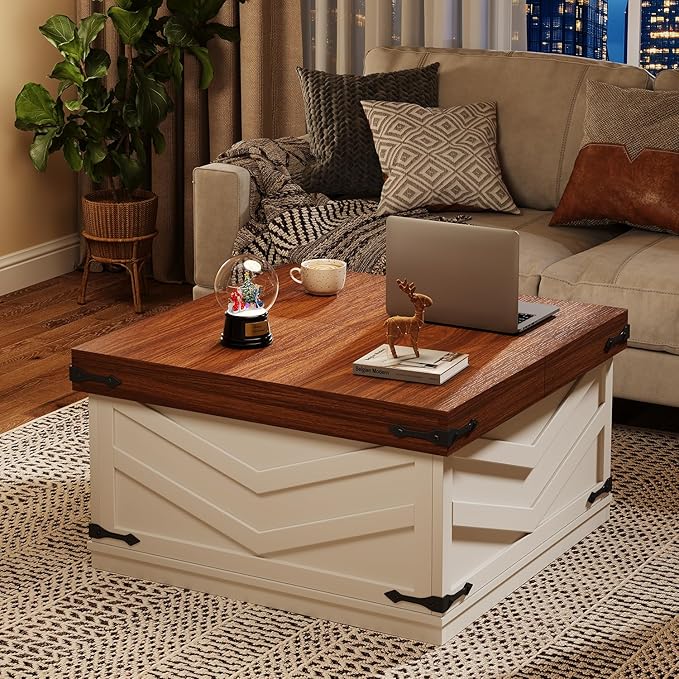 31.5'' Lift Top Coffee Table, Sliding Top Square Center Table with Large Hidden Storage Organizer, Multi-Functional Farmhouse Coffee Tables for Living Room, Bedroom, Home Office, White