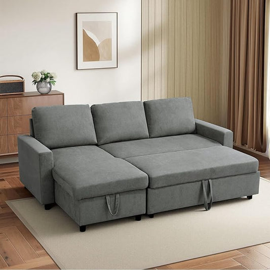 L-Shaped Sleeper Sofa with Chaise Lounge & Storage, Pull-Out Couch Bed with Recliner, Full Size Futon for Living Room, Office, Apartment Dark Grey