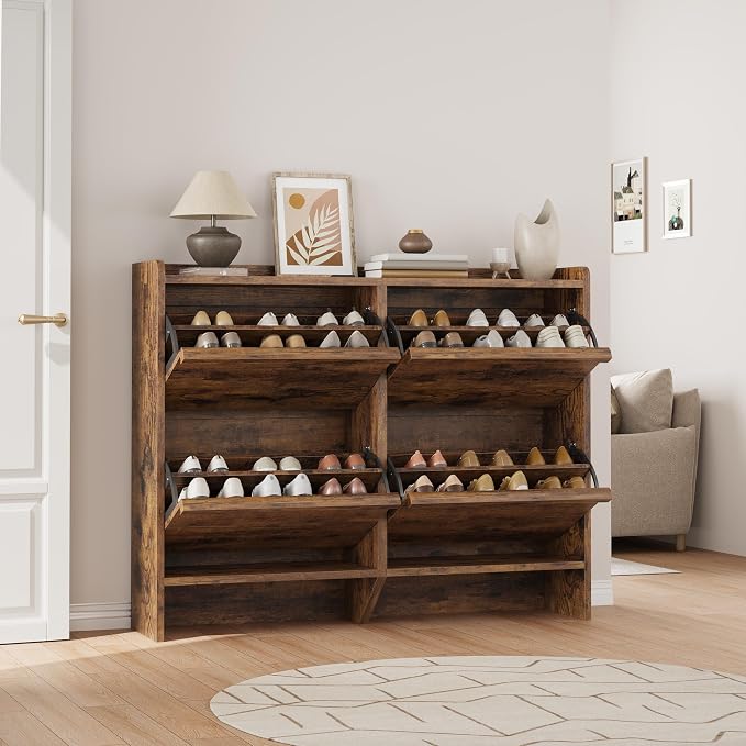 GarveeHome Shoe Cabinet with 4 Flip Drawers, Wooden Shoe Organizer Cabinet with Adjustable Shelf, Shoe Storage for Entryway, Hidden Shoe Cabinet for Hallway, Living Room, Rustic Brown - Image 7