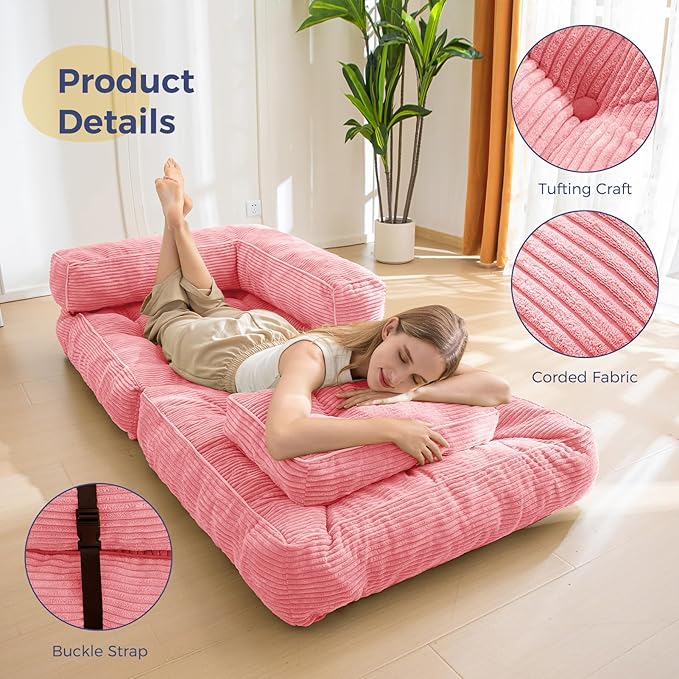 MAXYOYO Folding Sofa Bed, L-Shaped Convertible Sofa Bed with Armrest Foldable Sleeper Sofa with Pillow, Portable Fold Out Chair Bed Comfy Floor Lounge for Living Room Bedroom, Pink