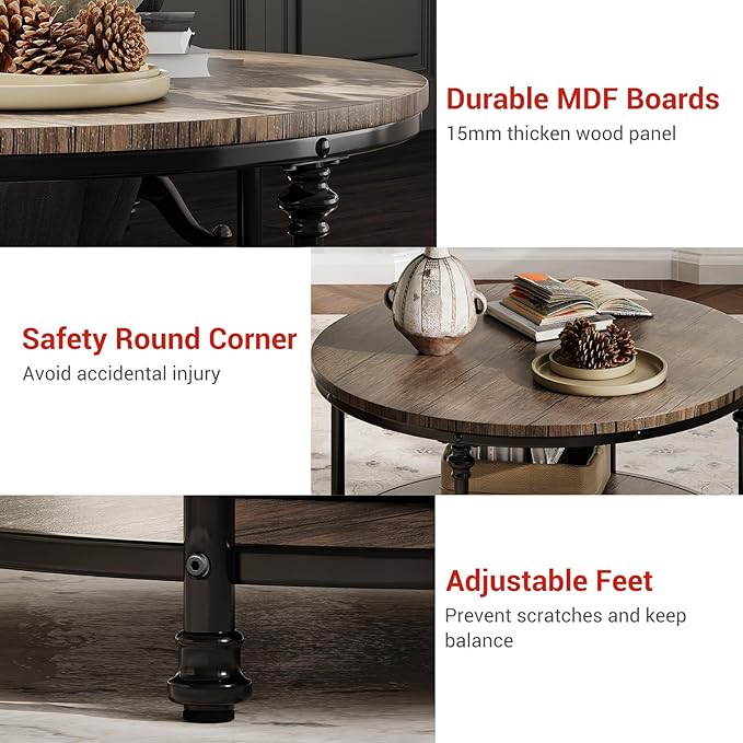 Garvee Round Coffee Table, 2 Tier Center Table with Storage for Living Room, 30.5 x 18 in, Wood Center Table for Living Room, Apartment, Easy to Assemble