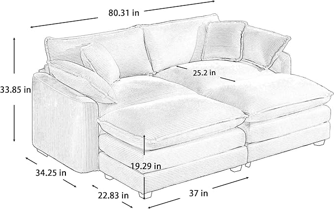 KEIKI 80" Oversized Corduroy Modular Sectional Loveseat Sofa with 2 Ottoman, High-Density Foam Cushions, Removable Armrests, Upholstered 2-Seater Corner Couch with 4 Pillow, for Living Room, Grey
