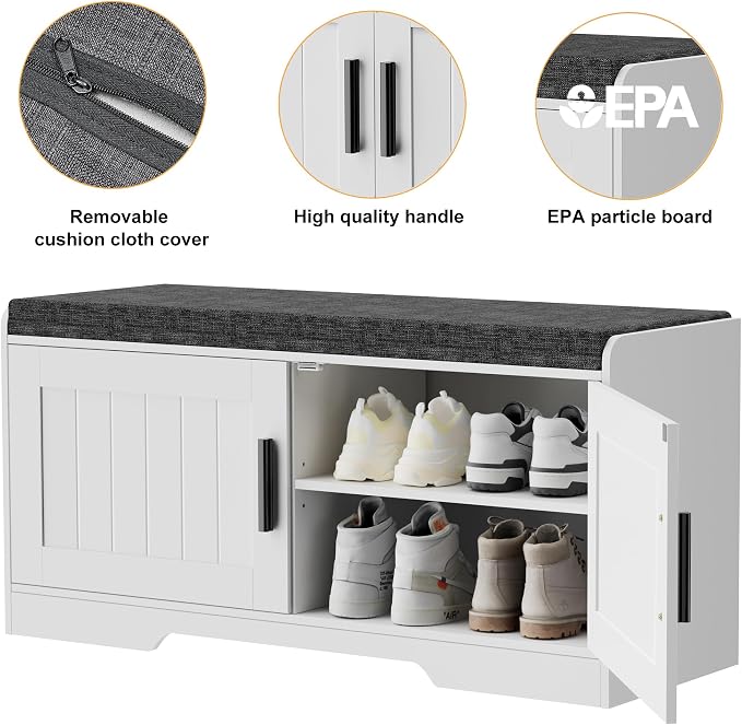 Homleke 2-Tier Storage Bench, Shoe Bench with Thickened Padded Seat Cushion, Entryway Bench with 2 Doors, Adjustable Shelf, 13.8" D x 37.4" W x 18.5" H, for Entryway, Living Room, Bedroom, White - Image 7