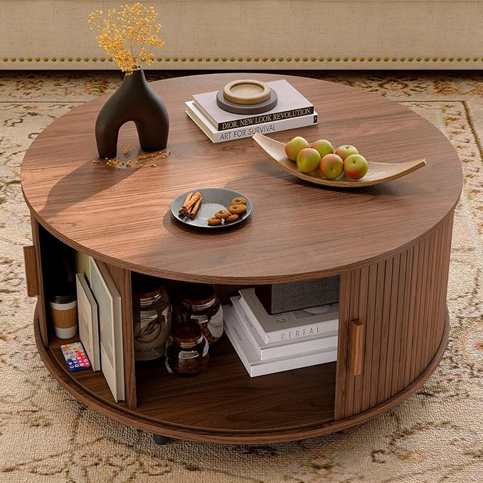 31.5 Inch Round Coffee Table, Mid-Century Modern Coffee Table wtih Storage, Fluted Coffee Table with Adjustable Footpads, 360° Rotating Sliding Door, Center Table for Living Room (Walnut)
