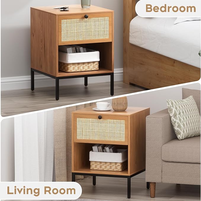 Yechen Set of 2 Rattan Nightstands with Drawer & Open Shelf, Boho Bedside Table with Natural Cane, Wood End Table with Metal Legs for Bedroom, Small Spaces, Brown - Image 6