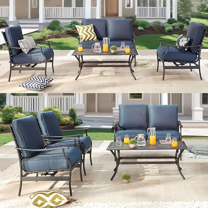 PatioFestival Patio Conversation Set 4 Pieces Cushioned Outdoor Furniture Sets with All Weather Frame for Porch Backyard Lawn (Navy-Blue)