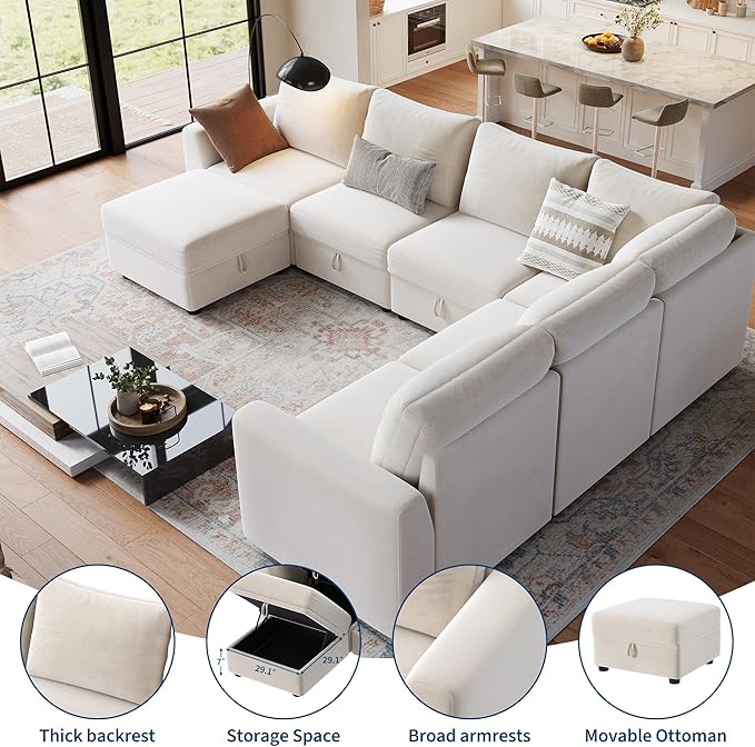 Sectional Couches for Living Room, Cloud Couch Sectional with Large Storage, l-Shape Modular Sectional Sofa with Ottoman (Beige 7-Seater)
