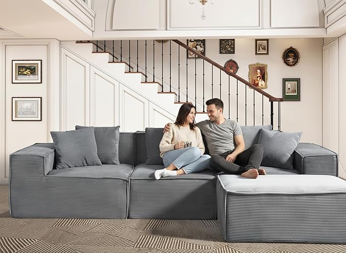 Rowan Convertible Corduroy Sectional Couch with Ottoman & Pillows, Modular L Shaped Sleeper Sofa, Boneless Cloud Couch for Living Room Furniture, Dark Grey