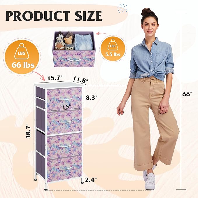 WLIVE Dresser with 4 Drawers, Storage Tower, Organizer Unit, Fabric Dresser for Bedroom, Hallway, Entryway, Closets, Sturdy Steel Frame, Wood Top, Easy Pull Handle, Tie-dye Print (Pink, Purple, Blue) - Image 3
