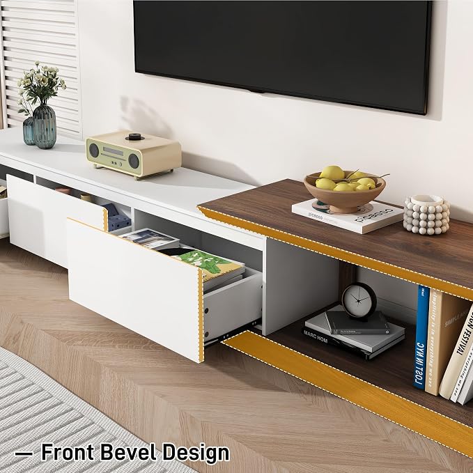 chartustriable Extendable TV Stand with 3 Drawers, Modern Minimalist Entertainment Center, Reversible Long TV Media Console, Bevel Design, 82-107.3 Inch, White & Walnut - Image 5