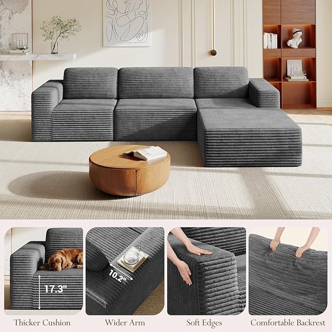 Vesgantti 119" L-Shaped Modular Sectional Sofa, Corduroy Cloud Couch with Deep Seating & Spring Support, Flexible Layout Sofa with Ottoman, Boneless Style, No Assembly Required, Grey