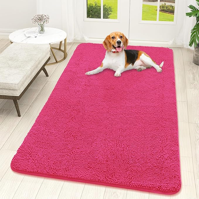 OLANLY Dog Door Mat for Muddy Paws 59x32, Absorbs Moisture and Dirt, Absorbent Non-Slip Washable Doormat, Quick Dry Chenille Mud Mat for Dogs, Entry Indoor Entryway Carpet for Inside Floor, Hot Pink by OLANLY