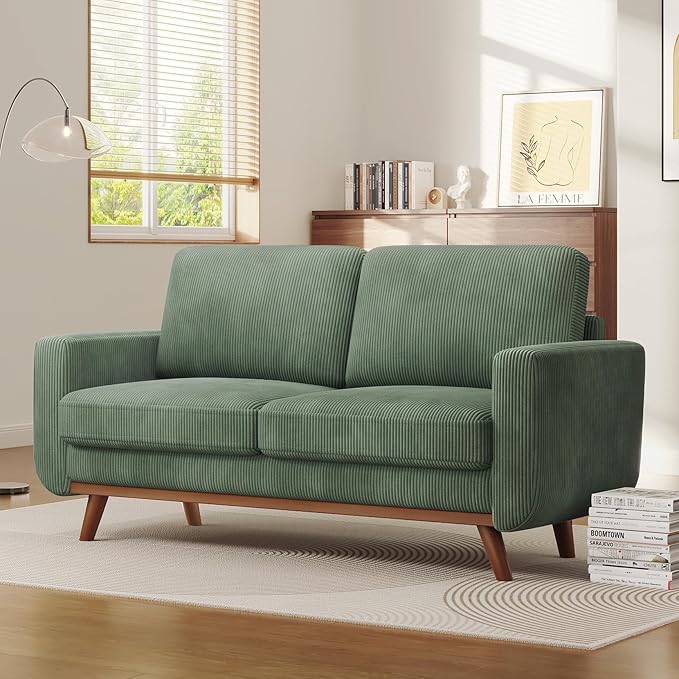 68" Green Corduroy Loveseat Sofa, Comfy Deep Seat Couch with Spring Cushion & Solid Wood Frame, Modern 2-Seater Sofa for Living Room Bedroom Office