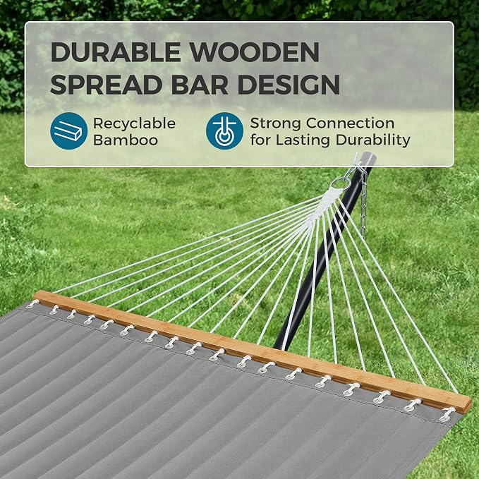 SUPERJARE Hammock with Stand, 2 Person Quilted Outdoor Hammock, Detachable Pillow & Bamboo Spreaders, Portable Hammock with Carrying Bag, Heavy Duty Stand, Perfect for Outside, Patio, Gray - Image 7