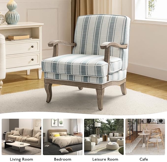 HULALA HOME Upholstered Accent Chair, Mid-Century Modern Striped Chair with Graceful Curves and Wooden Legs, Comfy Lounge Armchair Striped Accent Chairs for Living Room, Bedroom (Blue)