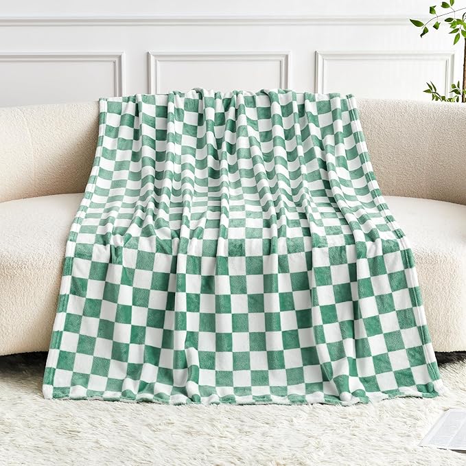 Edenleaf Green Checkered Blanket, Ultra Soft Cozy Flannel - Checkered Grid Print Throws for Bed Sofa Couch, Luxury Throw Blanket for All Seasons, 50x60 Inch, Jade Green