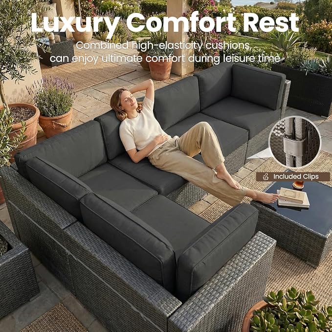 10 Pieces Patio Furniture Set with 44" Propane Gas Fire Pit Table, Outdoor Sectional Wicker Conversation Sofa Sets with Coffee Table