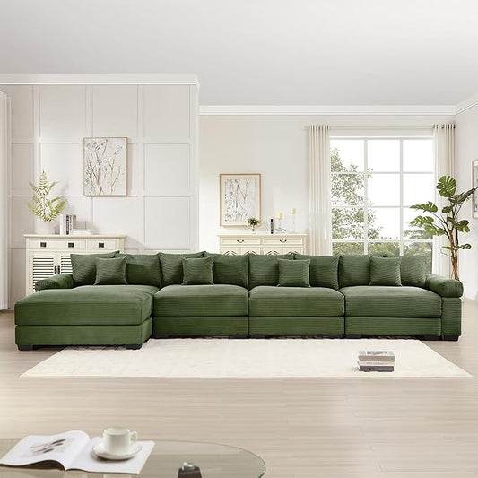 KEIKI 168" L-Shaped Oversized Corduroy Modular Cloud Sectional Sofa with 1 Ottoman, High-Density Foam Cushion, Extra-Thick Armrest, 4-Seater Fluffy Corner Couch with 12 Pillow, for Living Room, Green