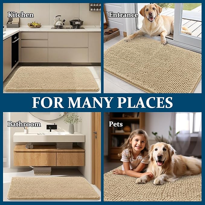 OLANLY Dog Door Mat for Muddy Paws 34x21, Absorbs Moisture and Dirt, Absorbent Non-Slip Washable Doormat, Quick Dry Chenille Mud Mat for Dogs, Entry Indoor Entryway Carpet for Inside Floor, Beige - Image 8