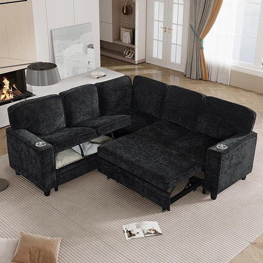 KEIKI 81" L-Shaped Oversized Chenille Modular Sectional Sleeper Sofa with Pull-Out Bed, Storage Seat, Modern 5-Seater Upholstered Couch Bed with Charging Station, Easy Assembly, for Living Room, Black