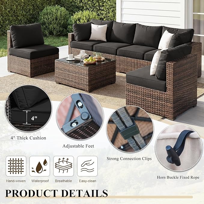 5 Piece Patio Furniture Set All Weather PE Rattan Outdoor Sectional Sofa Couch with No-Slip Cushions and Glass Top Table for Garden, Poolside, Backyard (Black)