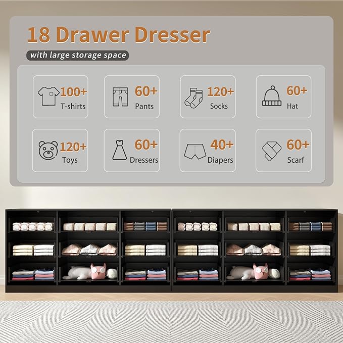 Black Dresser Set of 2, Long Dresser for Bedroom Wooden with 18 Drawers, Fluted Modern Bedroom Furniture Set, TV Stand Dressers & Chests of Drawers for Closet (15.7"D x 125.8"W x 31.8"H)