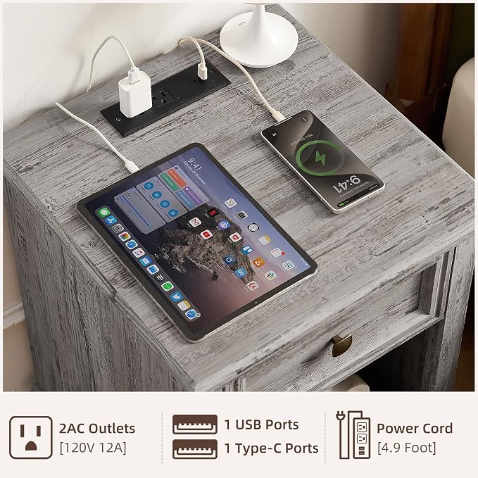 SAVOR LIFE Farmhouse End Tables Living Room Set of 2, Rustic Wood Nightstand with 1 Drawer, Bedside Table with Open Shelf for Bed Room, Side Table for Living Room, Grey - Image 5