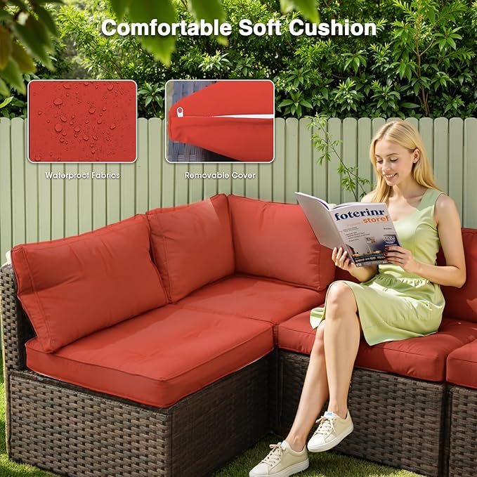 3 Piece Patio Furniture Set All Weather PE Rattan Outdoor Sectional Sofa Couch with No-Slip Cushions and Glass Top Table for Garden, Poolside, Backyard (Red)