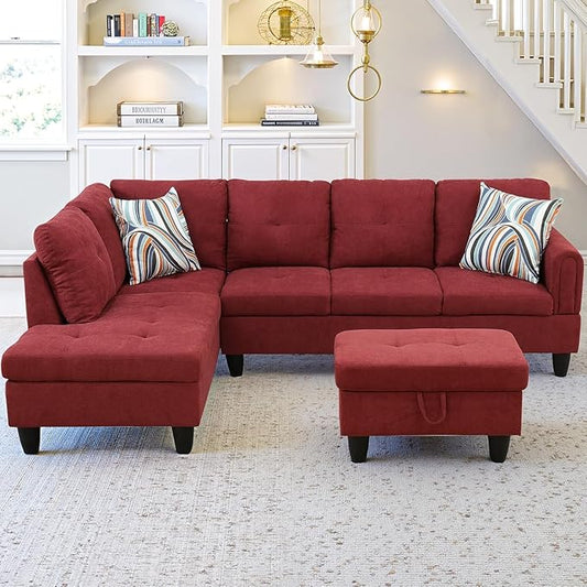 NicBex Modular L-Shaped Sectional Couches, 3-Piece Convertible Couch with Storage Ottoman, 4-Seat Comfy Sofa with Chaise for Living Room & Apartment, Red