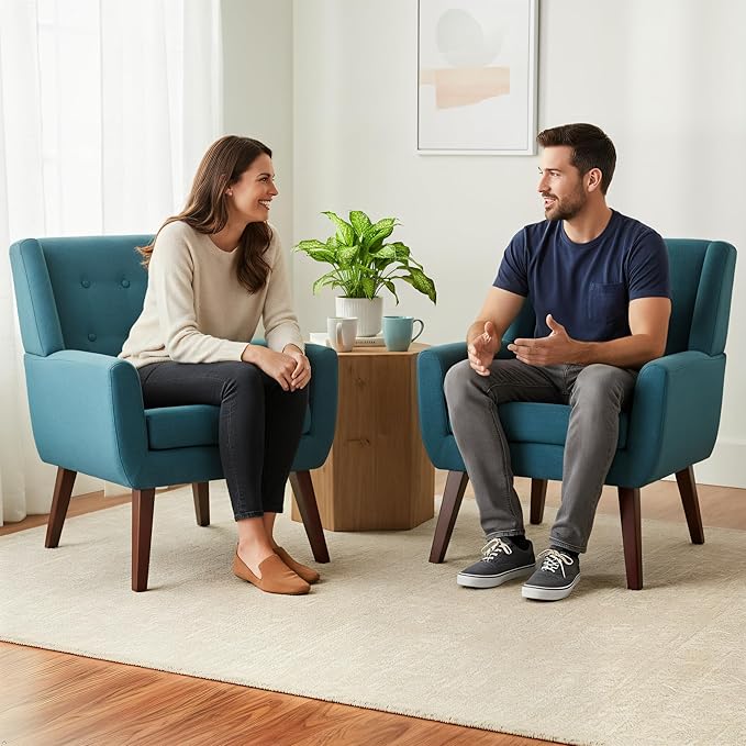 HUIMO Accent Chairs Set of 2,Upholstered Button-Tufted Living Room Chair with Wooden Legs,Mid Century Modern Linen Fabric Club Chair,Comfy Arm Chairs for Bedroom,Lake Blue 2PCS