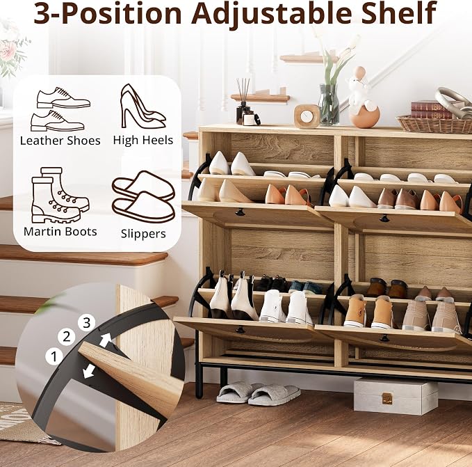 IRONCK Rattan Shoe Cabinet Storage with 4 Flip Drawers, Freestanding Shoe Storage Organizer Cabinet for Entryway, Narrow Shoe Rack Cabinet, Oak - Image 5