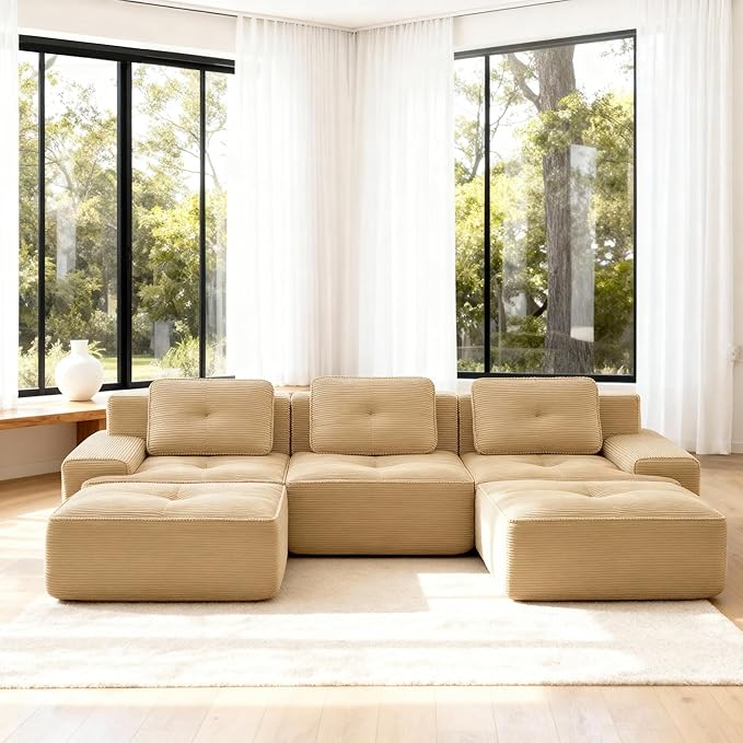 Casaphoria 115'' Camel Modular Sofa Set, 3-Seat U-Shaped Corduroy Couch with 2 Ottomans for Large Living Room No Assembly Required Deep Seat Sectional Couch