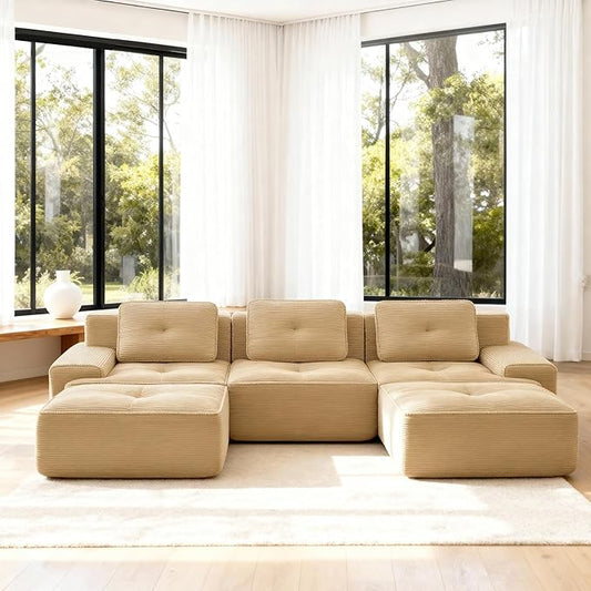 Casaphoria 115'' Camel Modular Sofa Set, 3-Seat U-Shaped Corduroy Couch with 2 Ottomans for Large Living Room No Assembly Required Deep Seat Sectional Couch