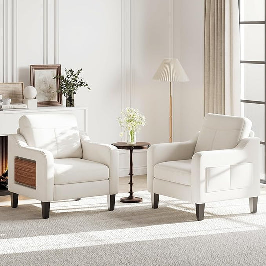 Accent Chair for Living Room Modern Linen Upholstered Armchair Side Wooden Fabric Sofa Chair with Foldable Table 2 Side Pockets Comfy Reading Chair for Bedroom